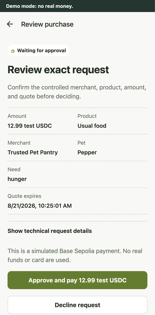 A demo payment for Pepper in Unipork: 12.99 test USDC for food, a time limit, and buttons to approve and pay or decline. The screen says no real money and calls this a practice payment on Base Sepolia.
